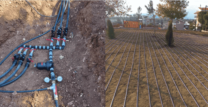 Close-up view of an advanced irrigation system with pipes, valves, and gauges on the left, and a wider view of a field with irrigation pipes watering trees on the right.
