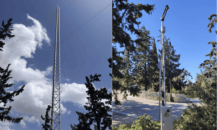 Two views of tall structures: a lattice tower with guy-wires and a pole with a mounted device near a road, both surrounded by trees, used for environmental protection and fire prevention with advanced technologies.